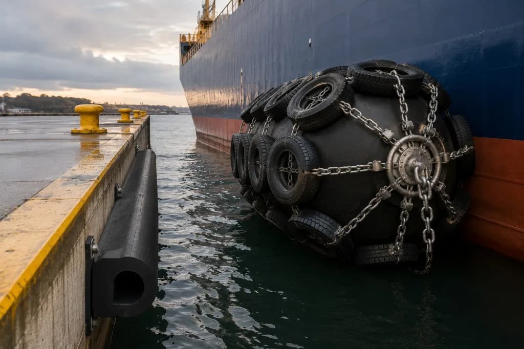 Pneumatic fender with chain and tyre net between ship and quay