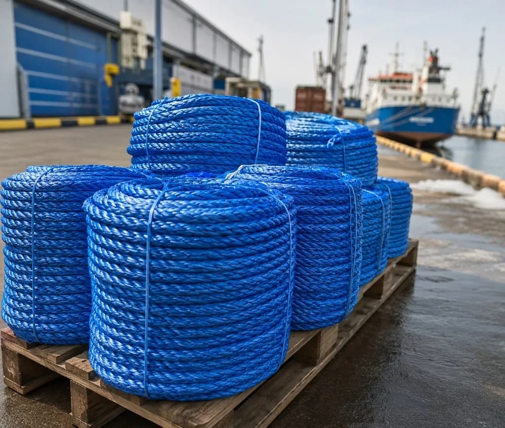 Fortøyningstrosser - Marine fortøyningsutstyr Blått fortøyningstau og fortøyningstrosser på pall ved kai – Lie Marine Systems