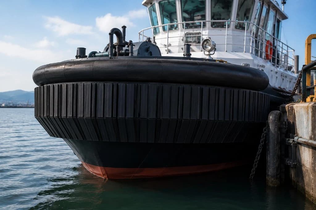 W Fender - Marine Rubber Fender W-fendere montert på baugen av en slepebåt ved kai